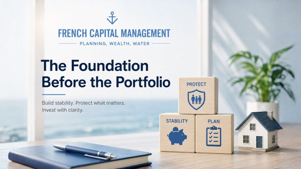 French Capital Management — The Foundation Before the Portfolio: wooden blocks labeled Protect, Stability and Plan beside a model house and notebook