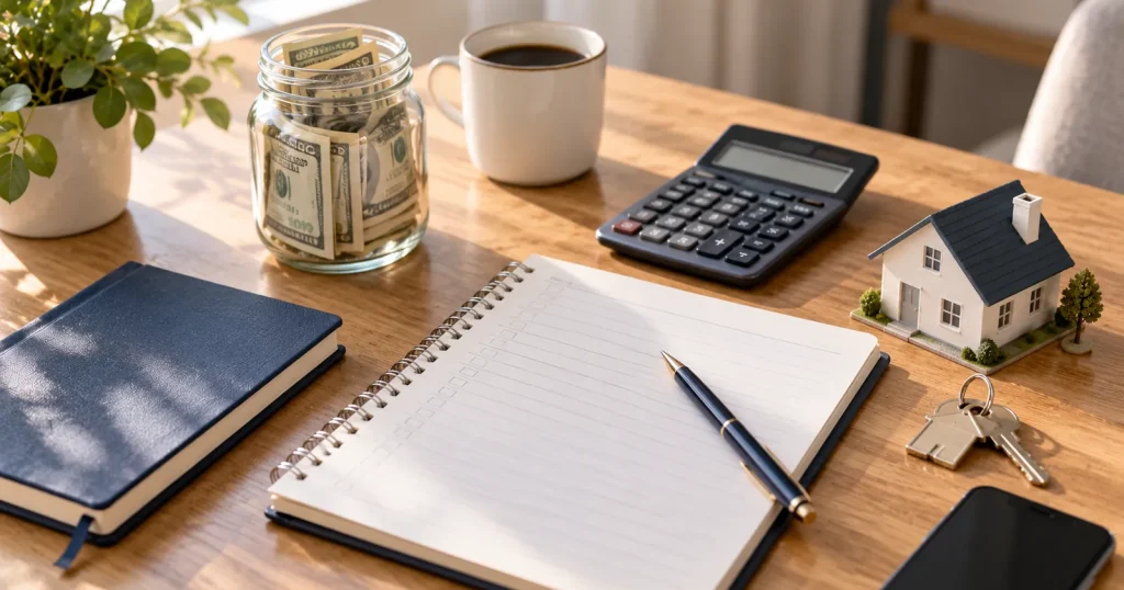 Emergency fund jar, budget notebook, calculator and model house: financial foundations to set before you start investing