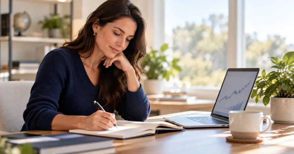New investor learning investment basics at her desk