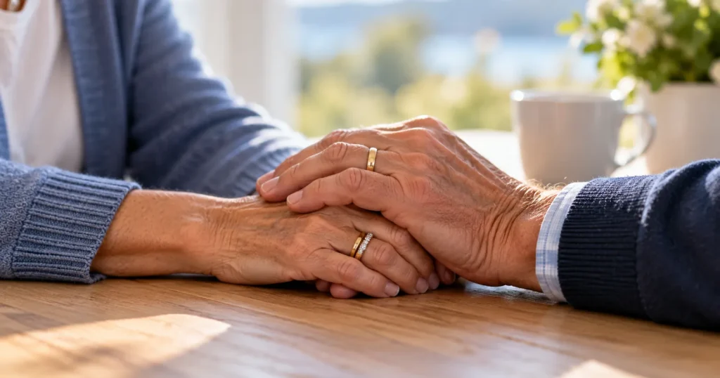 Older married couple holding hands, a reminder that Social Security timing is also a survivor decision