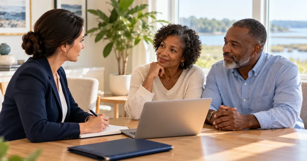 Fiduciary advisor taking notes as a couple asks questions to verify her fiduciary duty