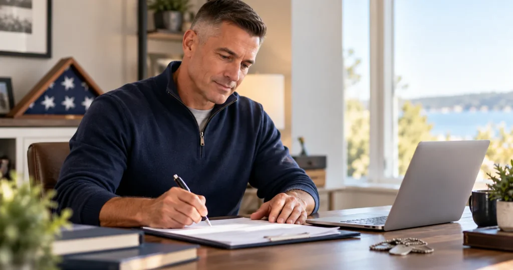 Veteran working through a financial checklist at his desk after leaving military service