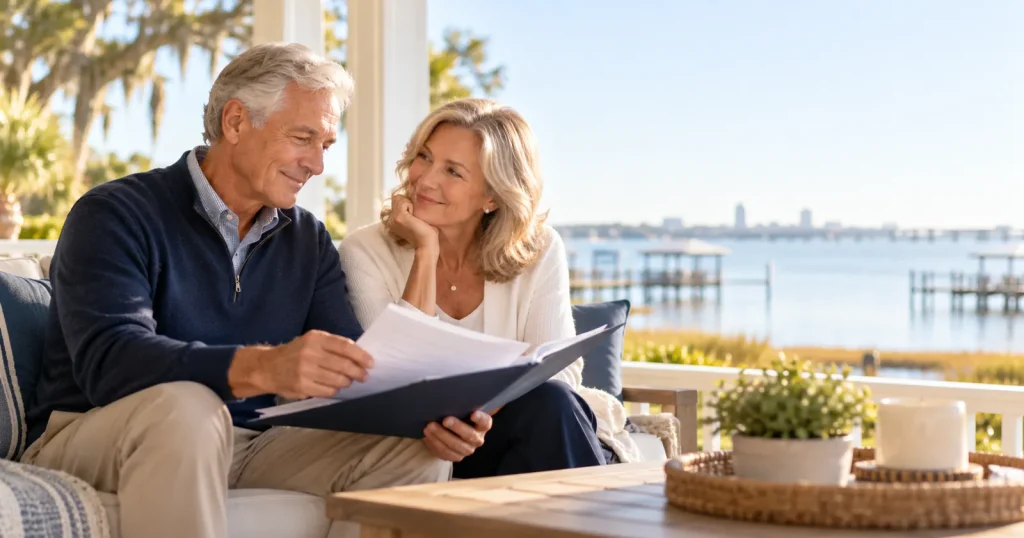 Couple in their 60s reviewing a retirement plan on their porch to decide when they can retire